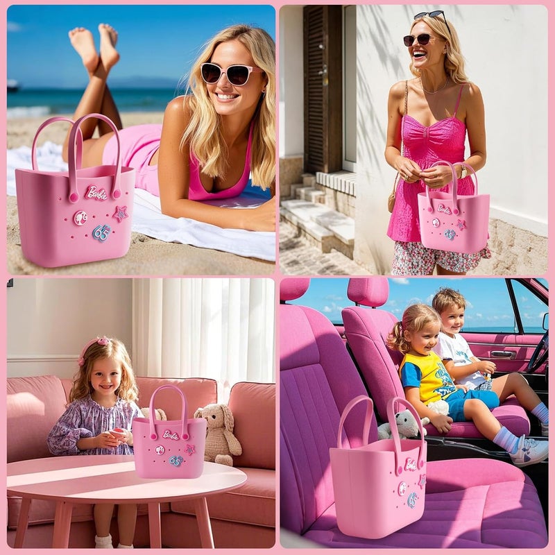 Miniso Barbie Tote Bag, Reusable Small Rubber Waterproof Bag, Cute Design Practical And Portable Handbag for Work Travel (PINK) - Image 2